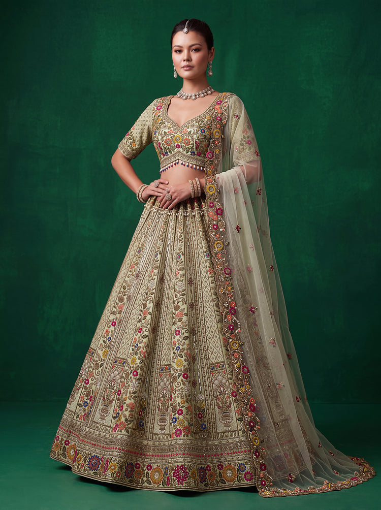 Ivory Multicoloured Gadhwal Silk Bridal Lehenga Choli with Floral Embroidery, photo 3