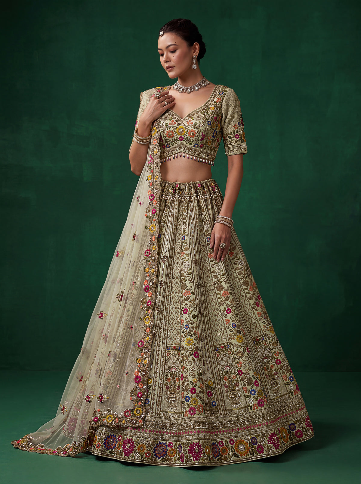 Ivory Multicoloured Gadhwal Silk Bridal Lehenga Choli with Floral Embroidery, photo 4