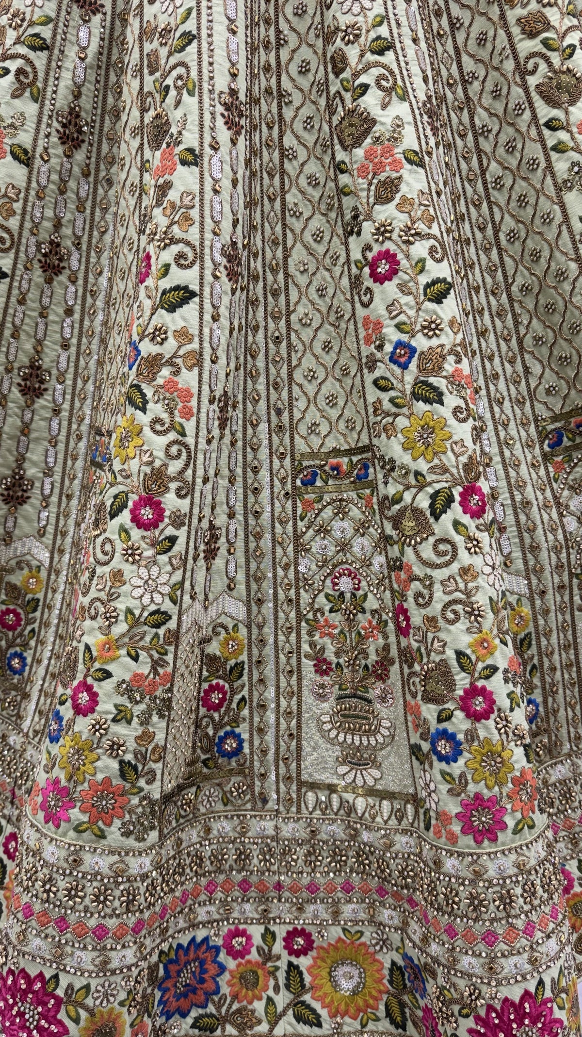 Ivory Multicoloured Gadhwal Silk Bridal Lehenga Choli with Floral Embroidery, close-up 1