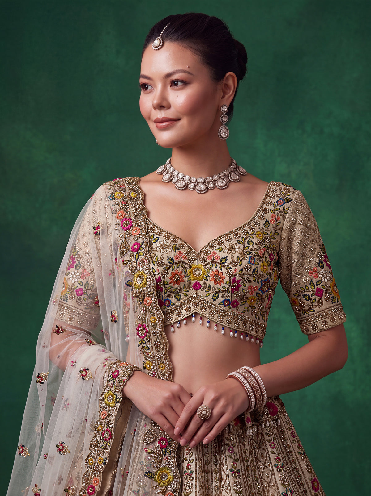Ivory Gadhwal Silk Bridal Lehenga Choli with Floral Kalash Embroidery, photo 4