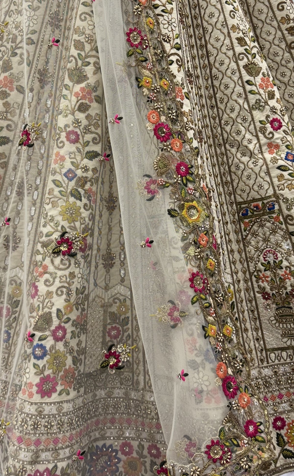Ivory Gadhwal Silk Bridal Lehenga Choli with Floral Kalash Embroidery, close-up 2