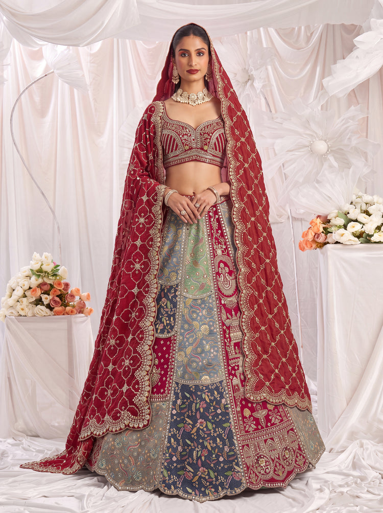 Rajvanshi Multi-Toned Banarasi Silk Patchwork Bridal Lehenga Choli