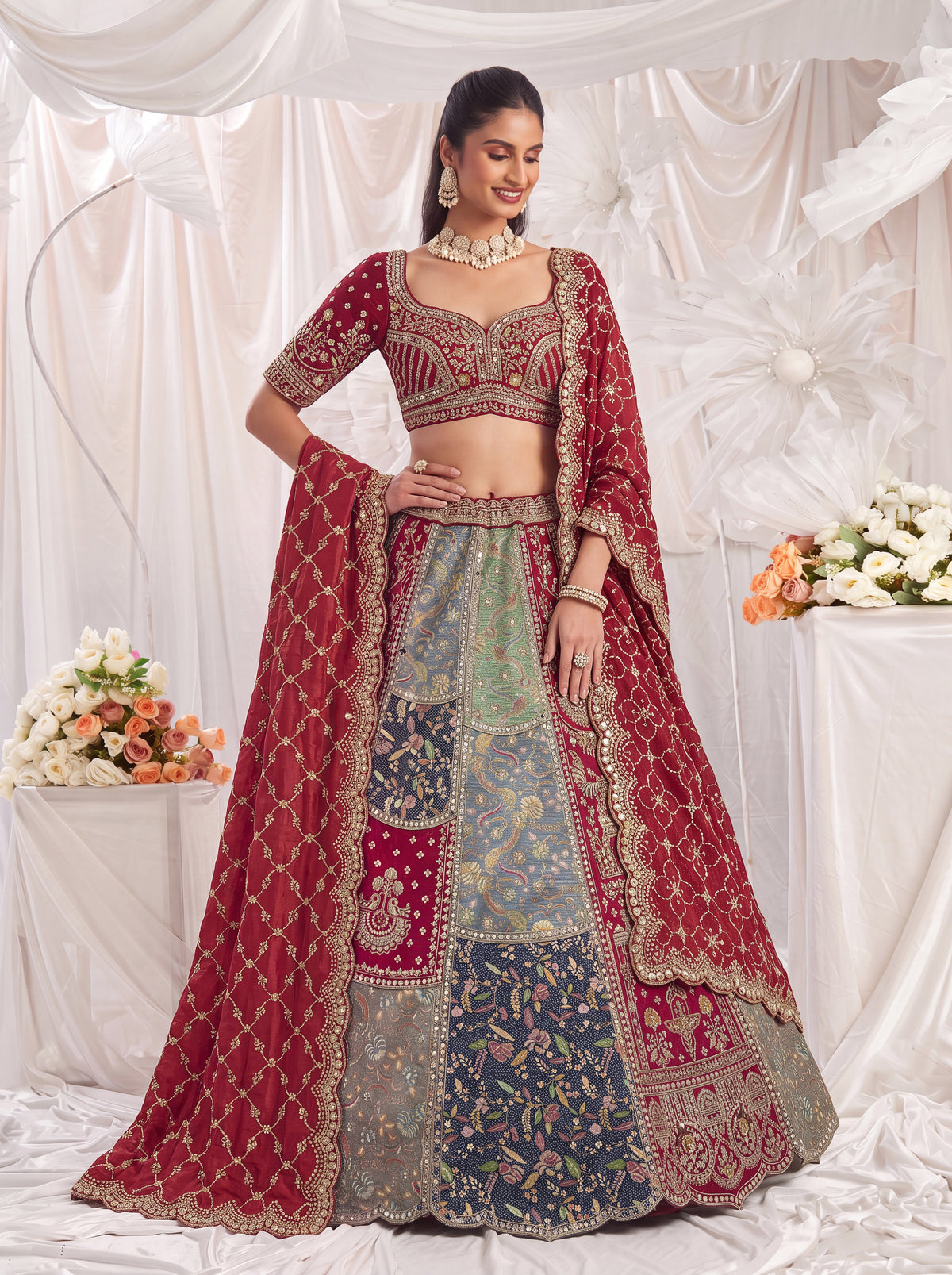 Rajvanshi Multi-Toned Banarasi Silk Patchwork Bridal Lehenga Choli