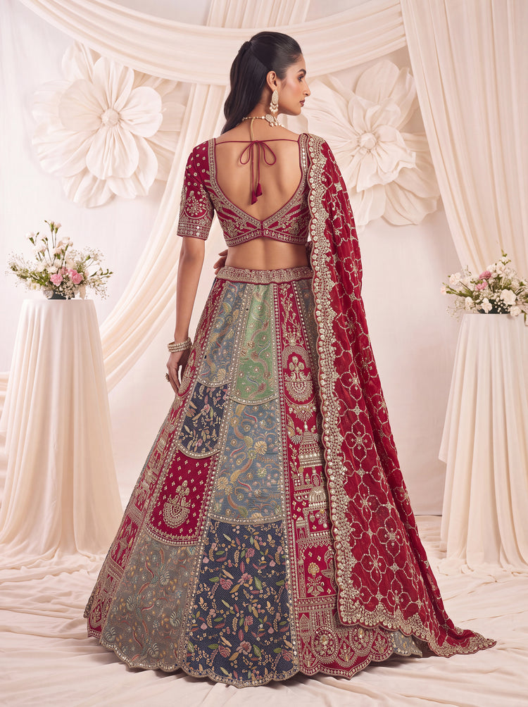 Rajvanshi Multi-Toned Banarasi Silk Patchwork Bridal Lehenga Choli