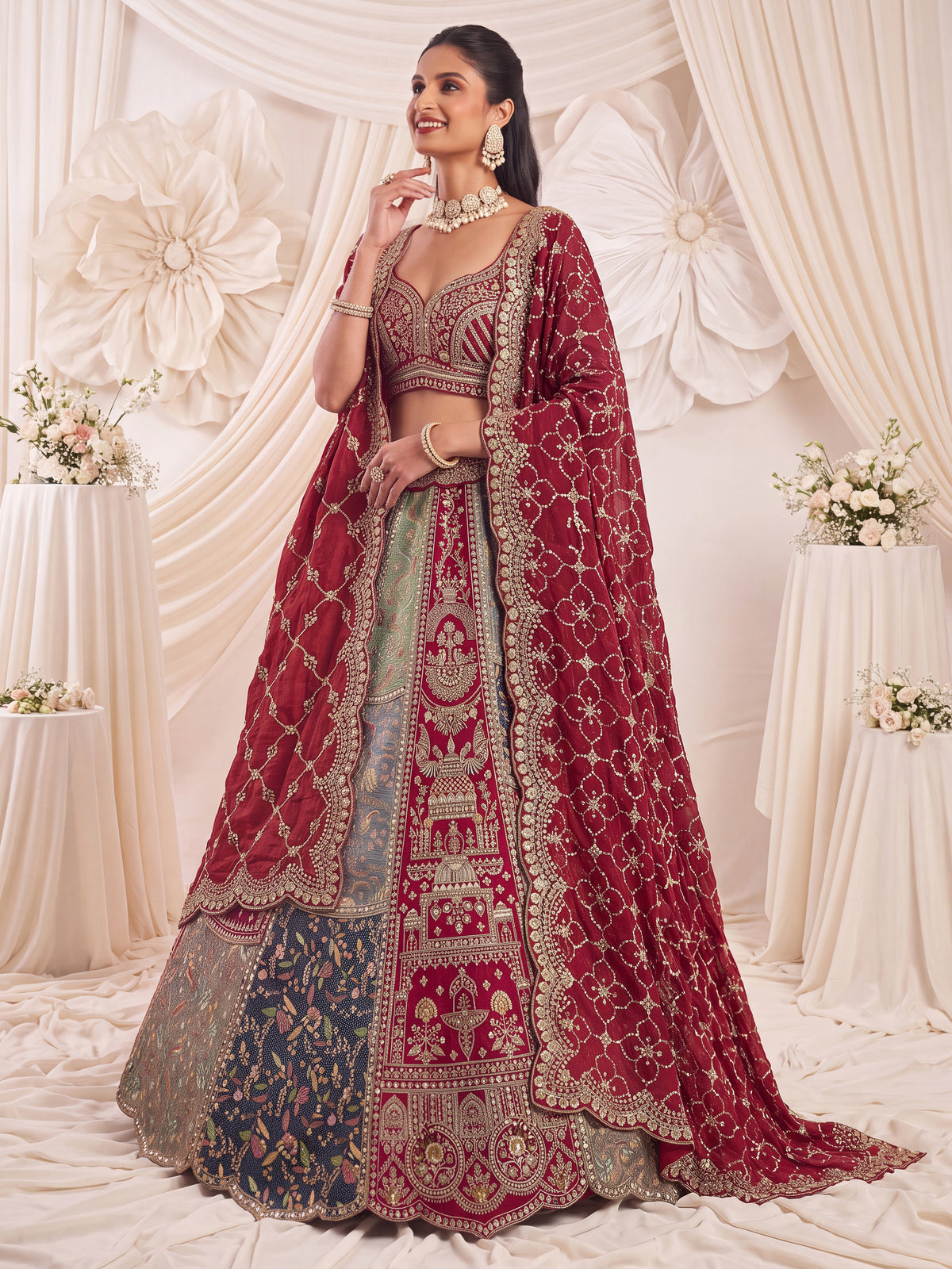 Rajvanshi Multi-Toned Banarasi Silk Patchwork Bridal Lehenga Choli