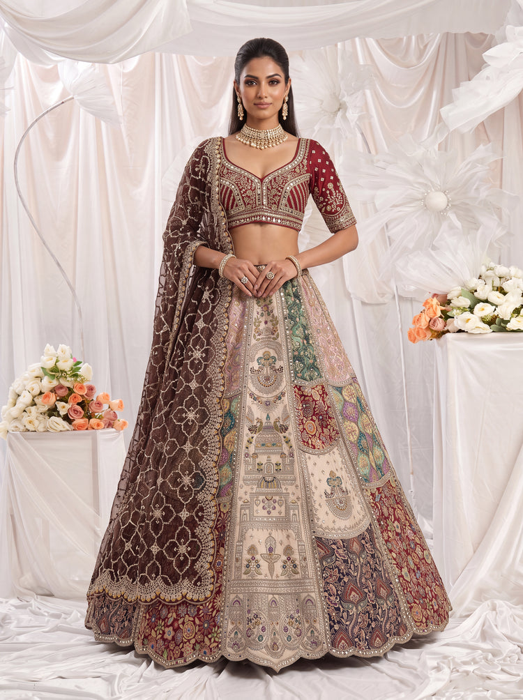 Ivory Banarasi Silk Bridal Lehenga with Hand Mirror Patchwork