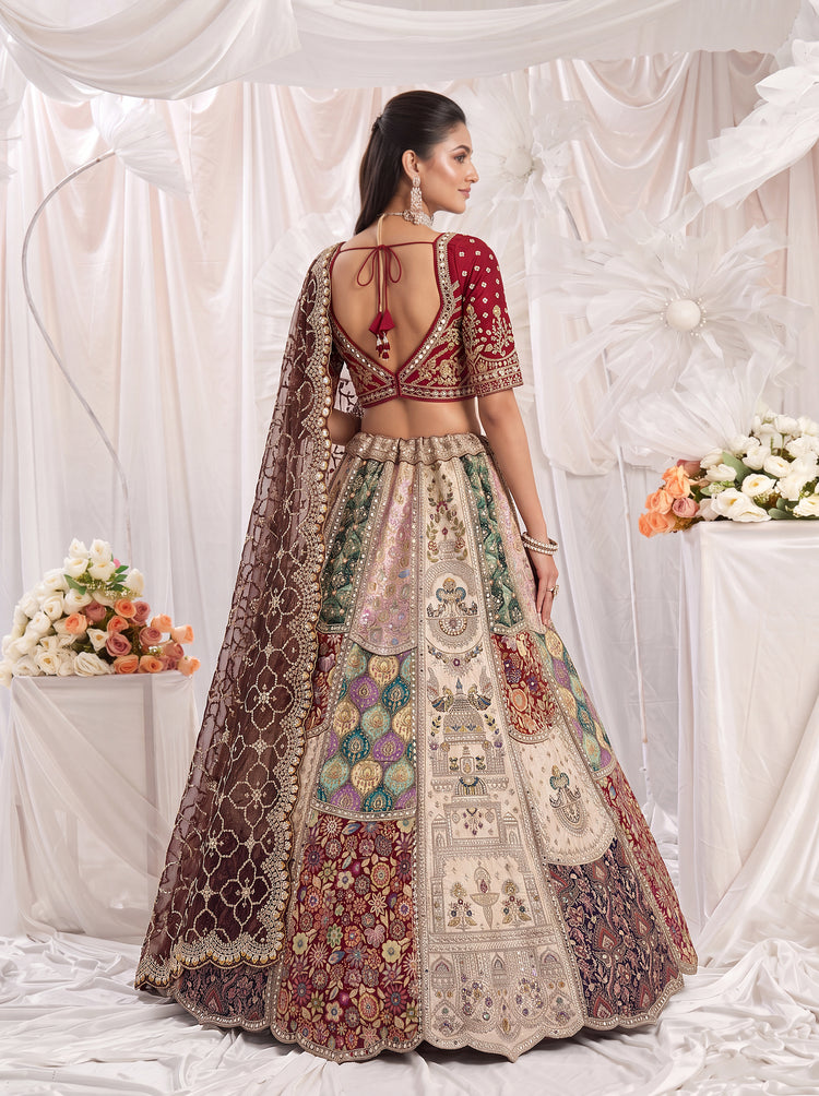 Ivory Banarasi Silk Bridal Lehenga with Hand Mirror Patchwork