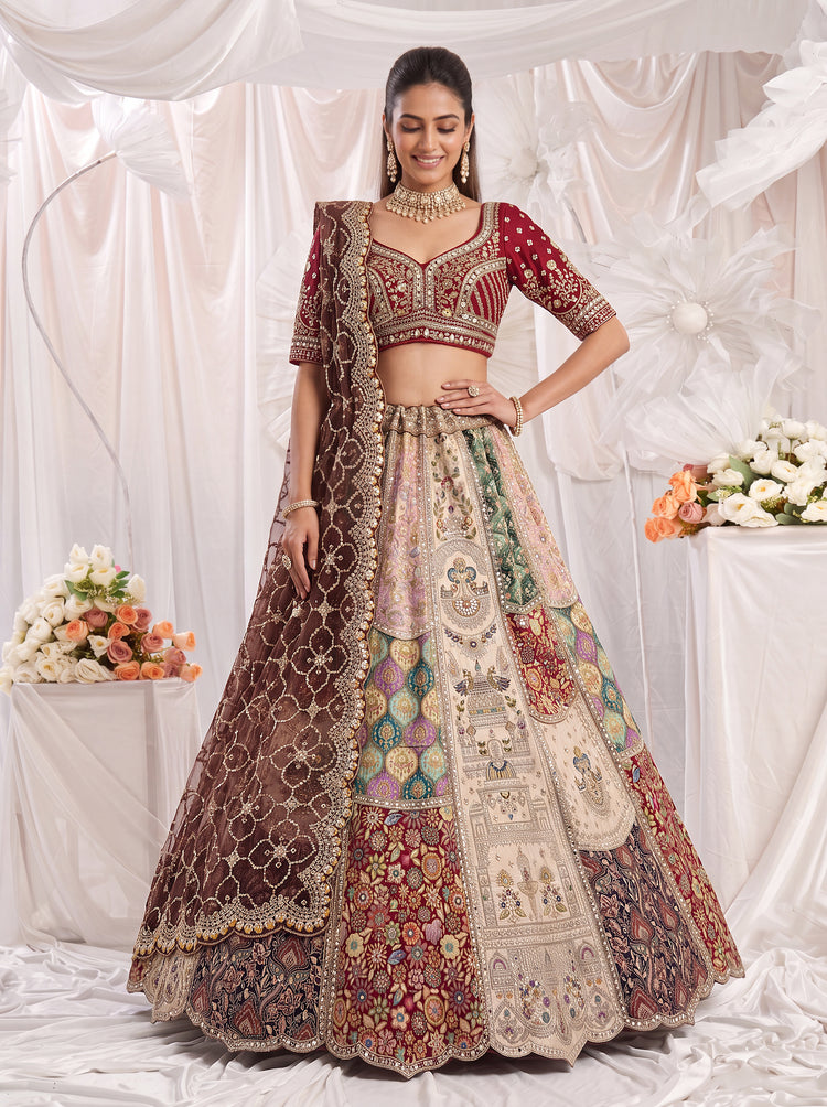 Ivory Banarasi Silk Bridal Lehenga with Hand Mirror Patchwork