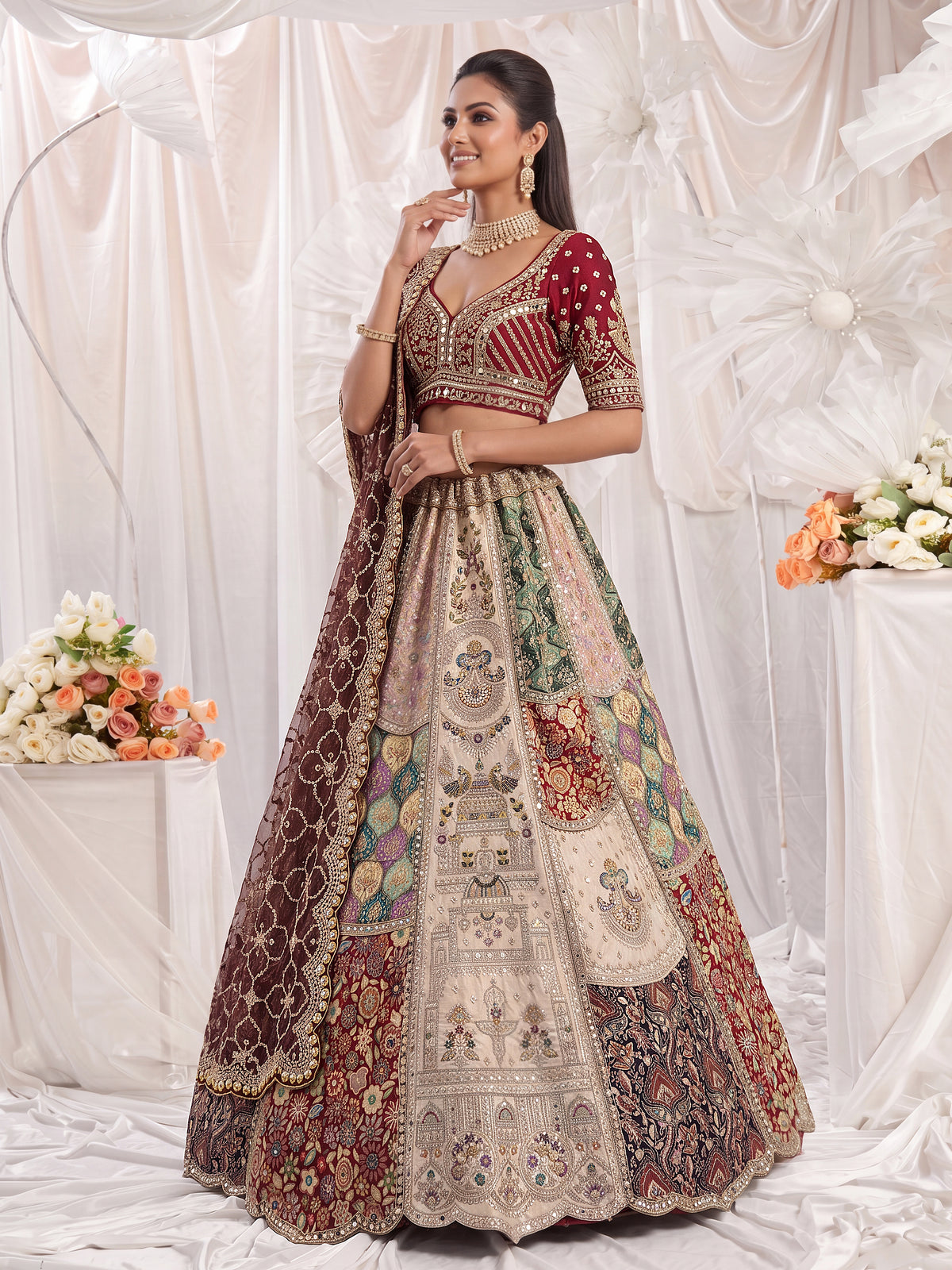 Ivory Banarasi Silk Bridal Lehenga with Hand Mirror Patchwork