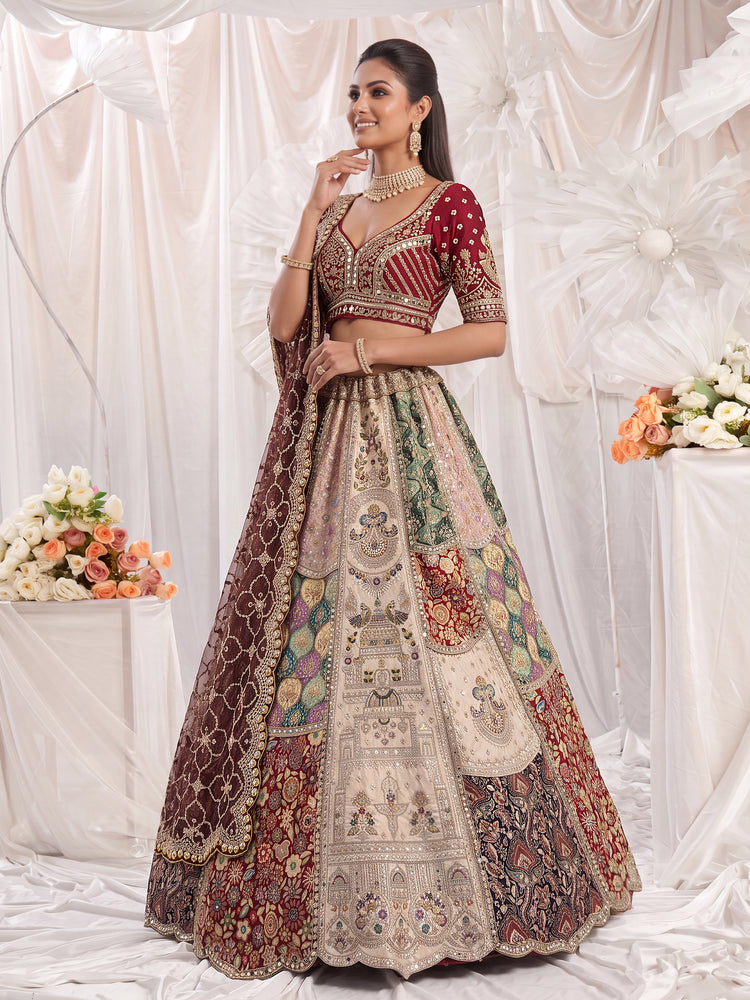 Ivory Banarasi Silk Bridal Lehenga with Hand Mirror Patchwork