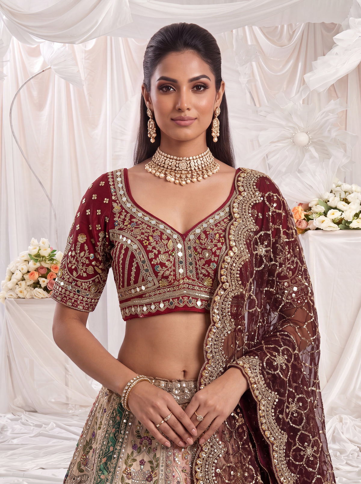 Ivory Banarasi Silk Bridal Lehenga with Hand Mirror Patchwork