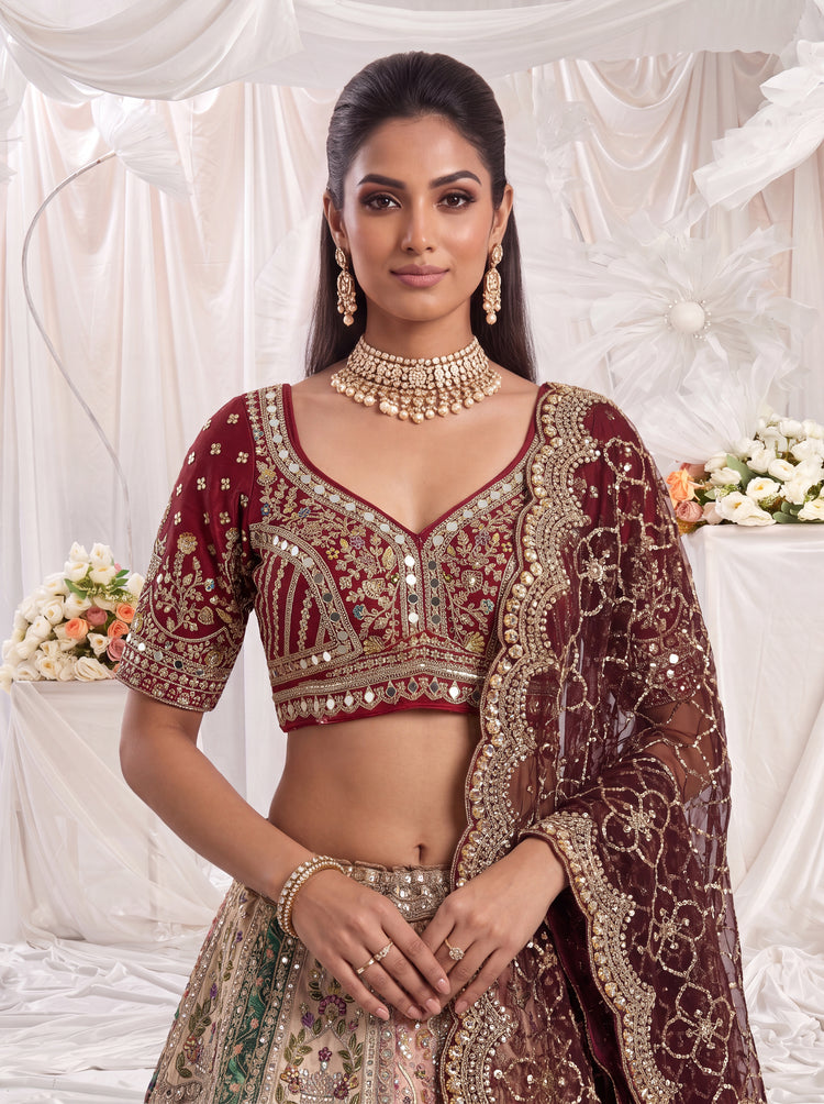 Ivory Banarasi Silk Bridal Lehenga with Hand Mirror Patchwork