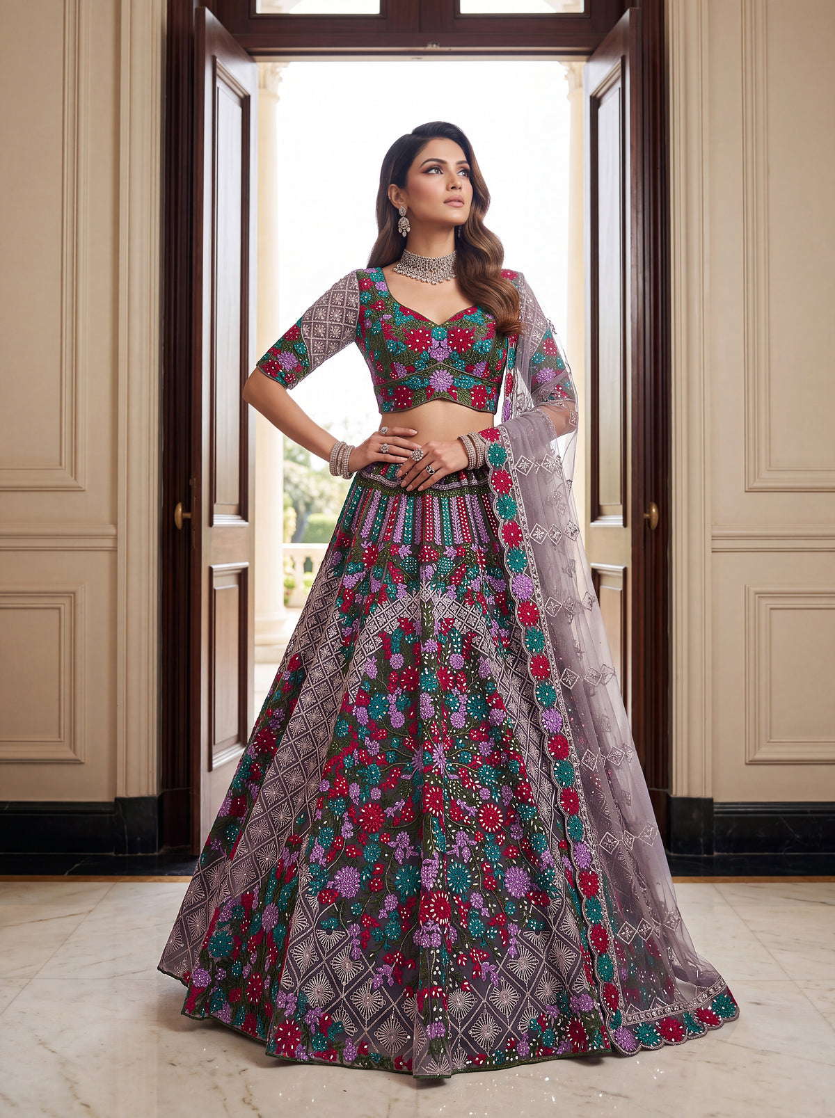 Rajvanshi Lavender Heavy Net Floral Embroidered Bridal Lehenga Choli