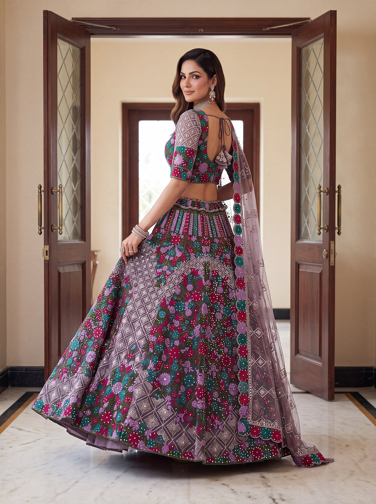 Rajvanshi Lavender Heavy Net Floral Embroidered Bridal Lehenga Choli