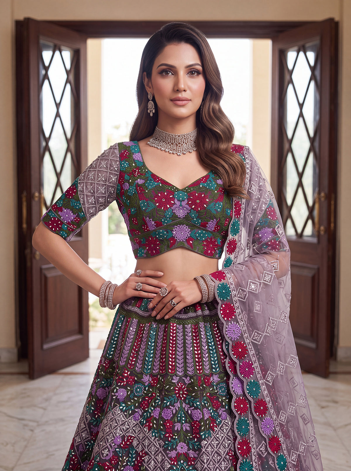 Rajvanshi Lavender Heavy Net Floral Embroidered Bridal Lehenga Choli