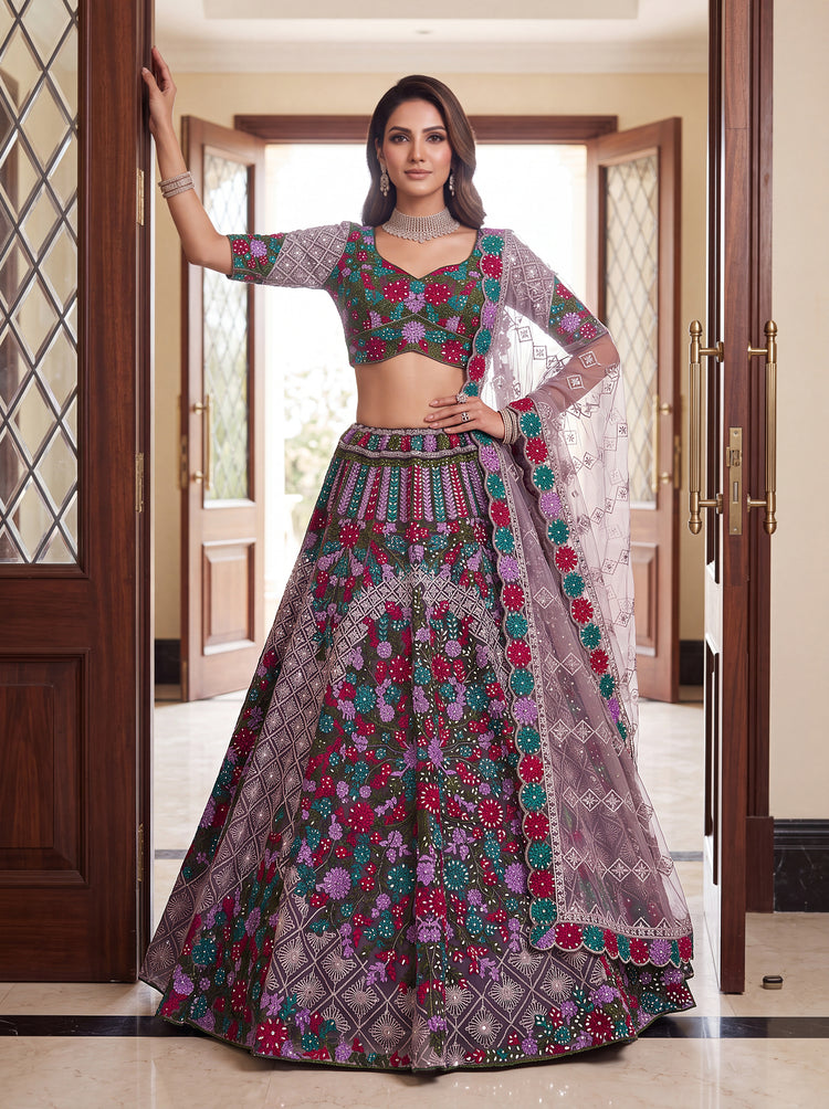 Rajvanshi Lavender Heavy Net Floral Embroidered Bridal Lehenga Choli