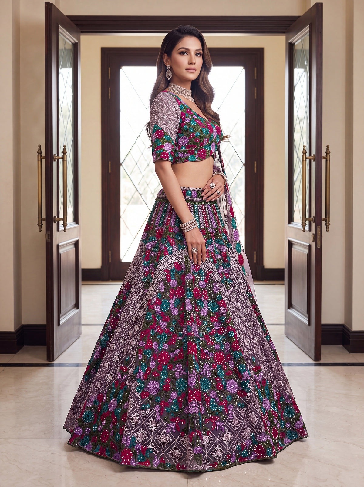 Rajvanshi Lavender Heavy Net Floral Embroidered Bridal Lehenga Choli