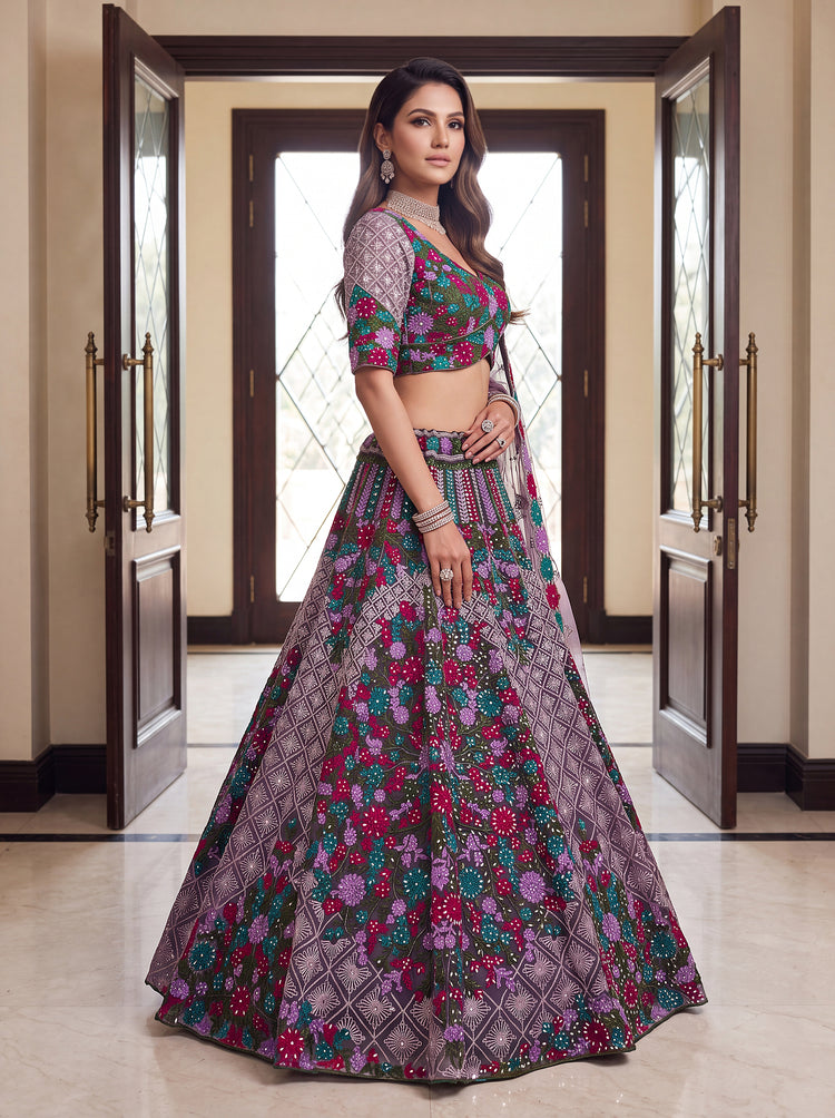 Rajvanshi Lavender Heavy Net Floral Embroidered Bridal Lehenga Choli