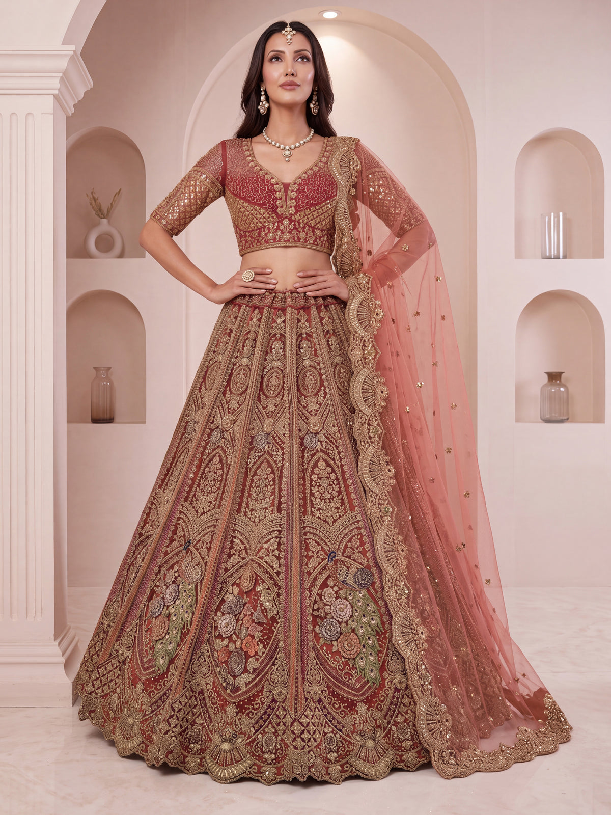 Peach Brown Peacock Designer Wedding Lehenga Choli with Soft Net Dupatta