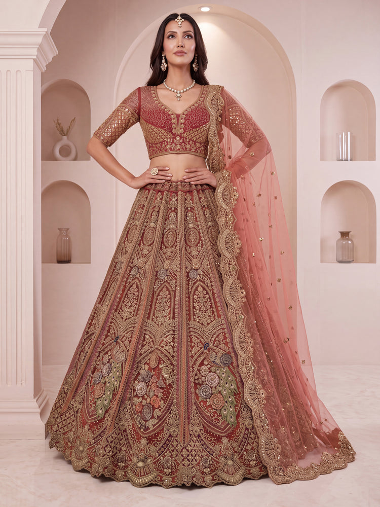 Peach Brown Peacock Designer Wedding Lehenga Choli with Soft Net Dupatta