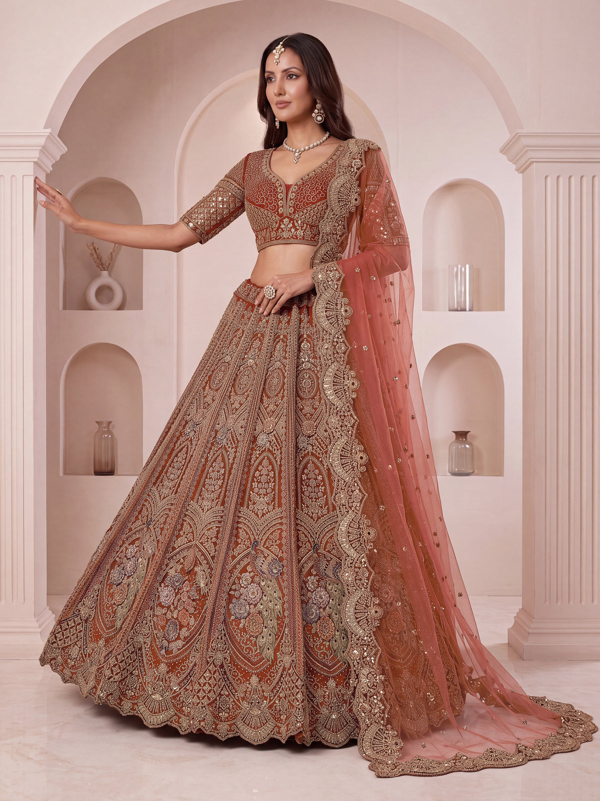 Peach Brown Peacock Designer Wedding Lehenga Choli with Soft Net Dupatta