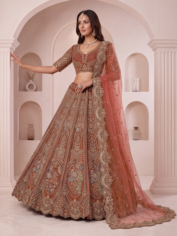 Peach Brown Peacock Designer Wedding Lehenga Choli with Soft Net Dupatta
