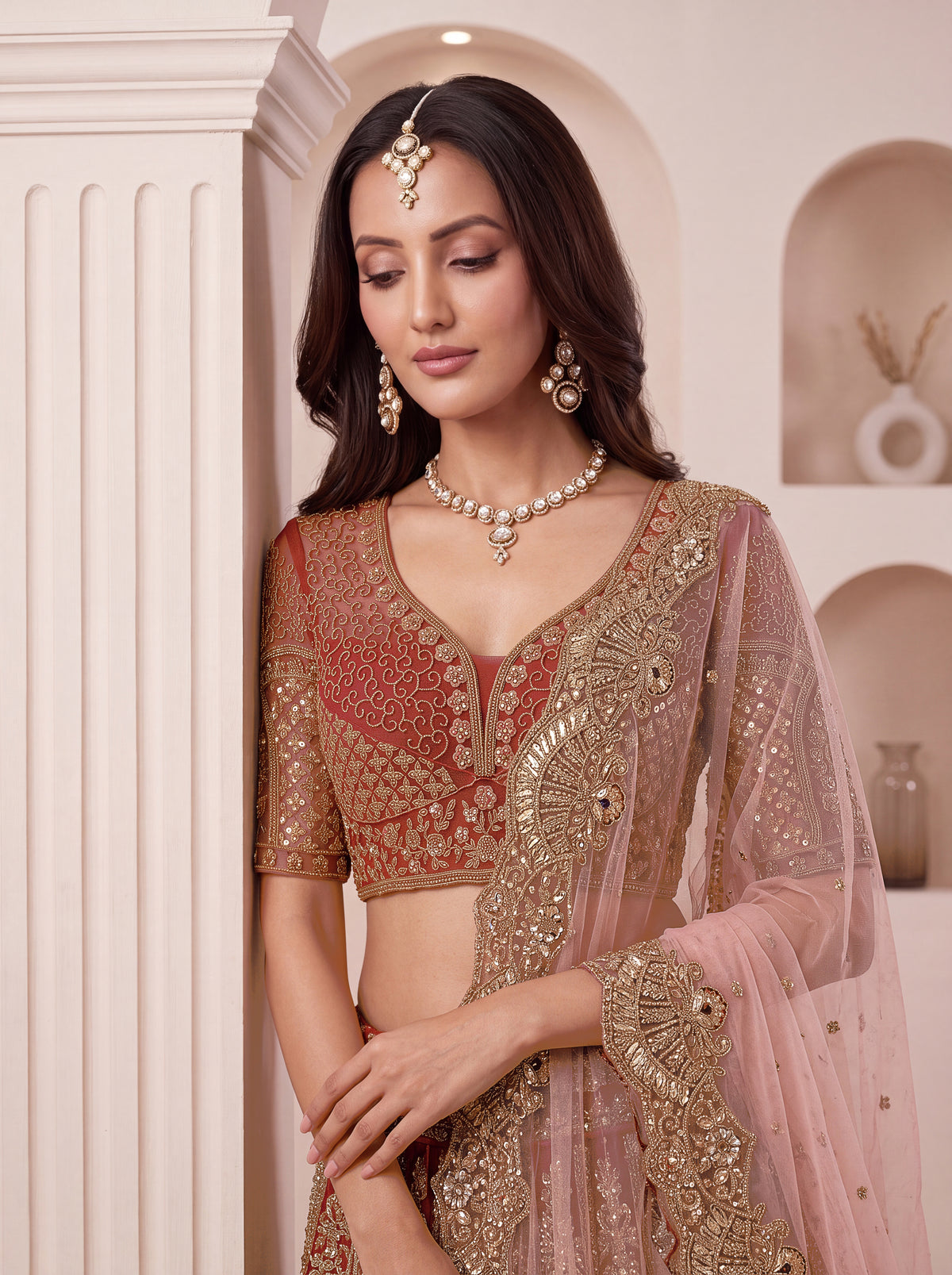 Peach Brown Peacock Designer Wedding Lehenga Choli with Soft Net Dupatta