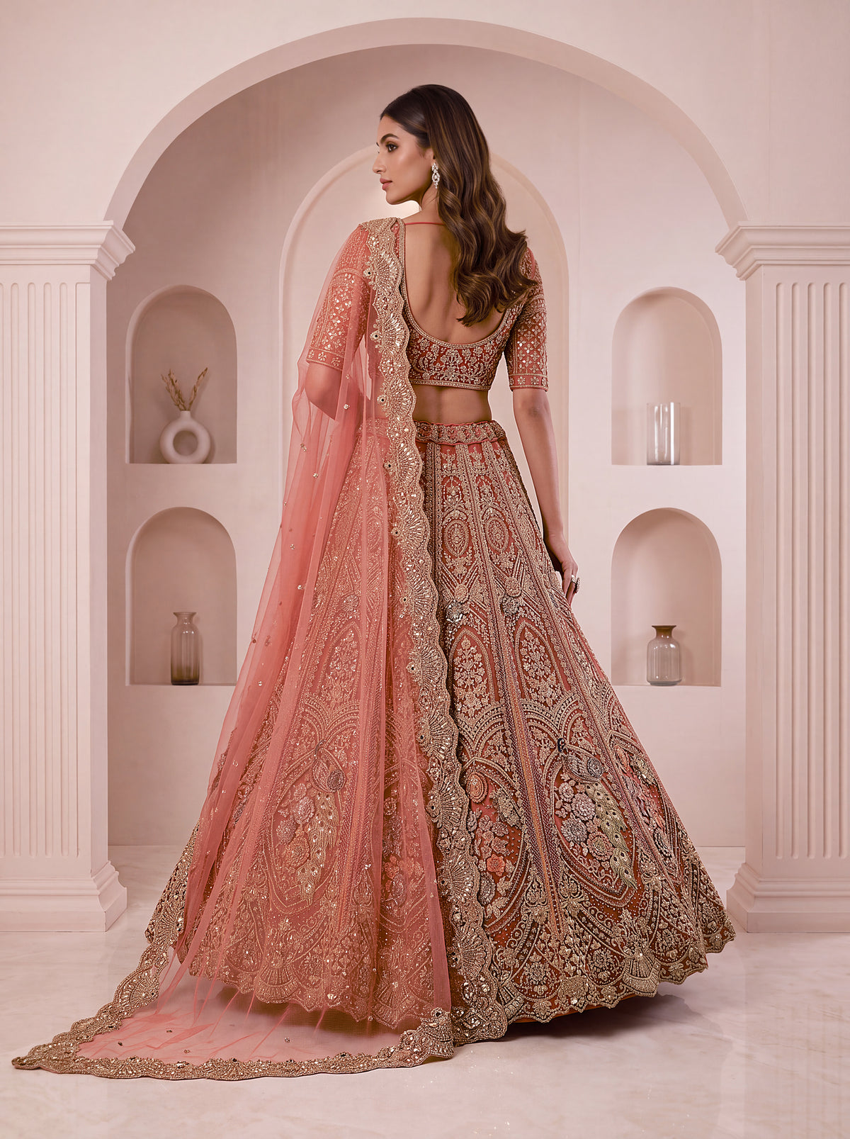Peach Brown Peacock Designer Wedding Lehenga Choli with Soft Net Dupatta