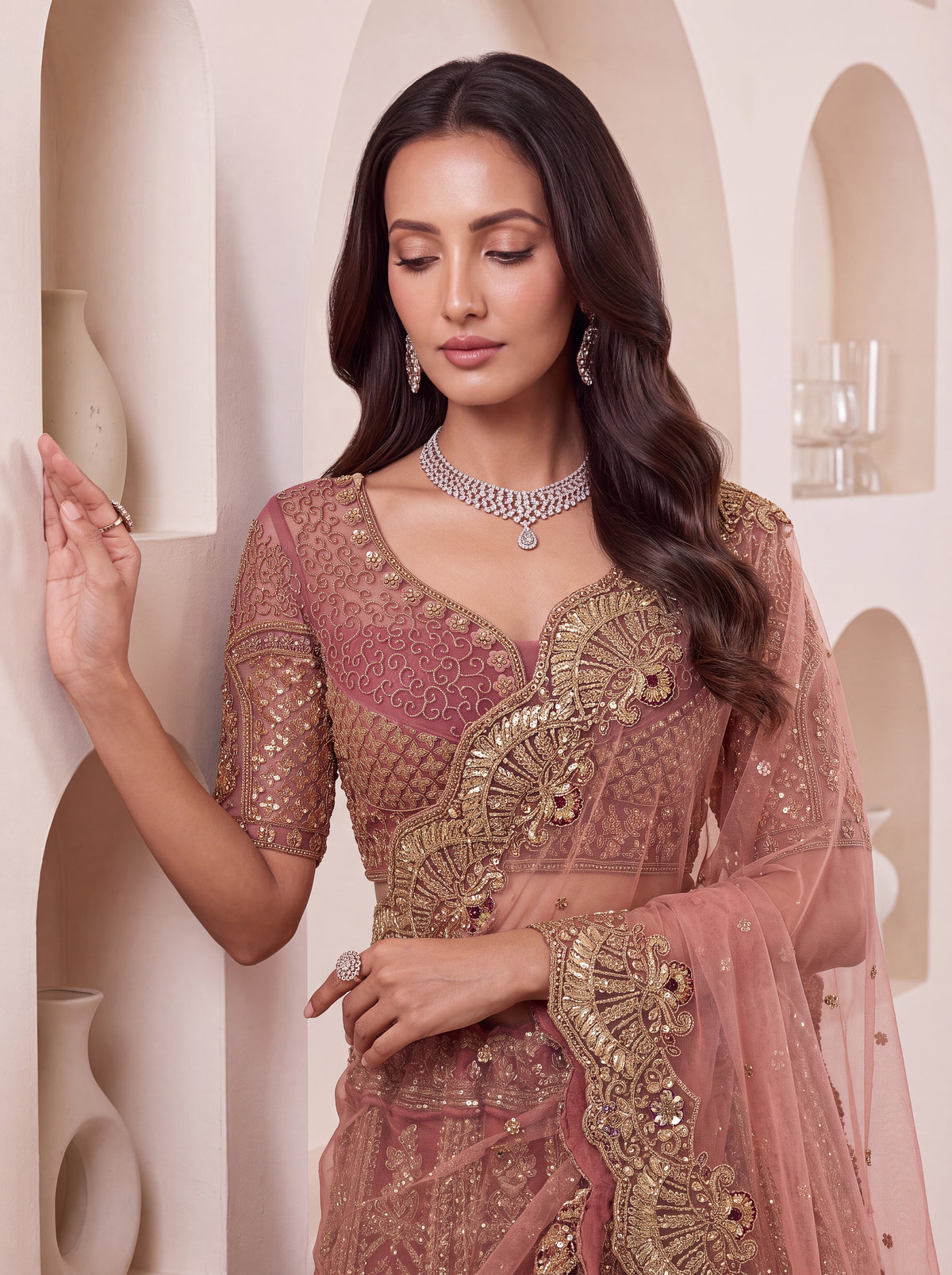 Pink Net Lehenga Choli with Peacock Embroidery, Zari and Zircon Work, photo 5