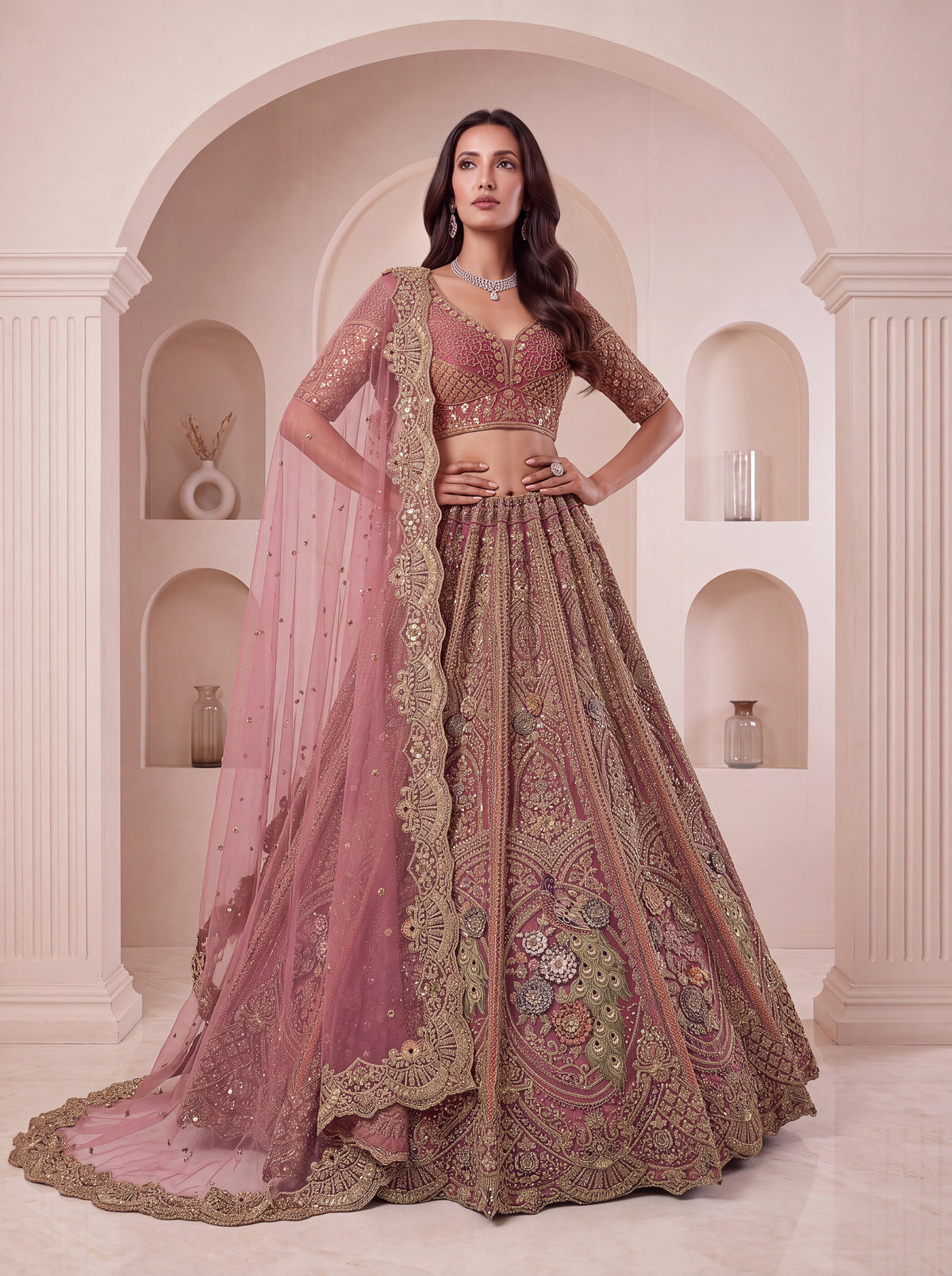 Pink Net Lehenga Choli with Peacock Embroidery, Zari and Zircon Work, photo 4