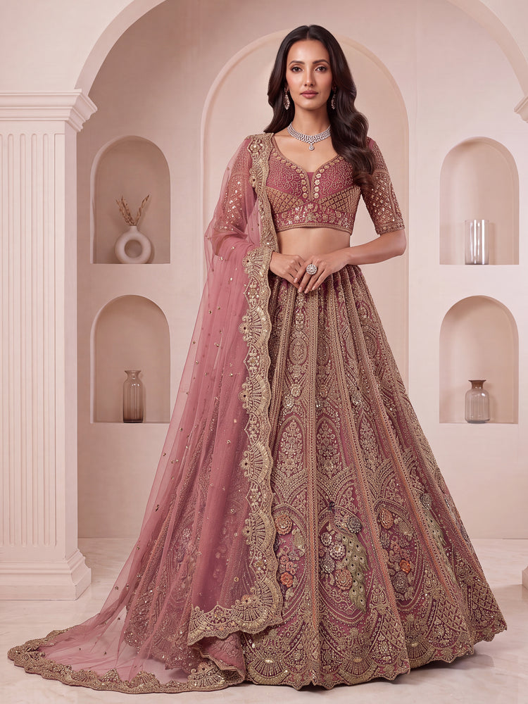 Pink Peacock Designer Wedding Lehenga Choli with Soft Net Dupatta