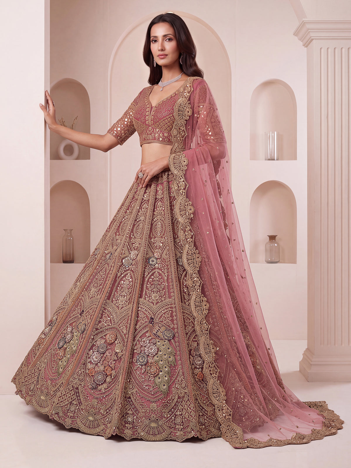Pink Net Lehenga Choli with Peacock Embroidery, Zari and Zircon Work, photo 3