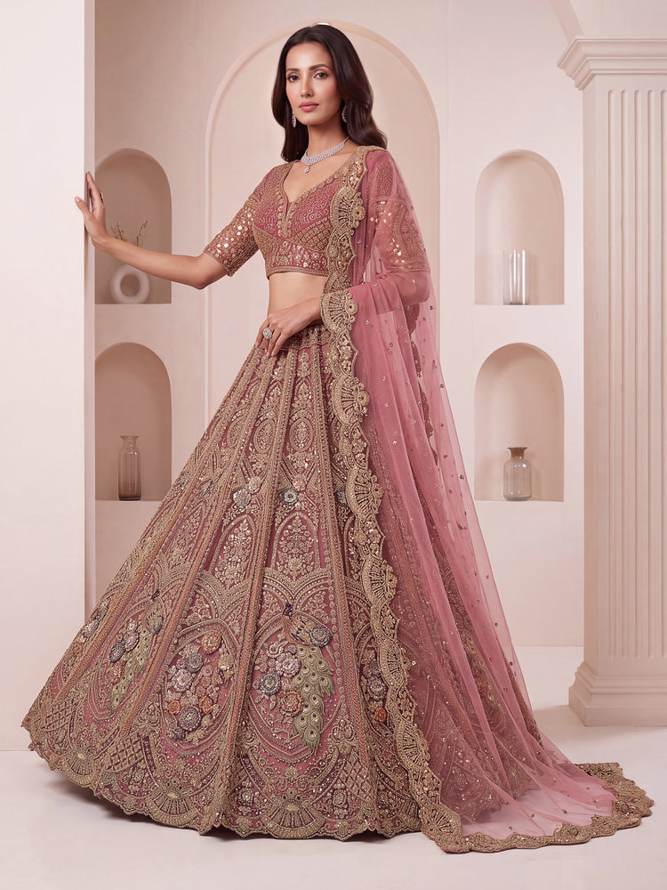 Pink Net Lehenga Choli with Peacock Embroidery, Zari and Zircon Work, photo 3