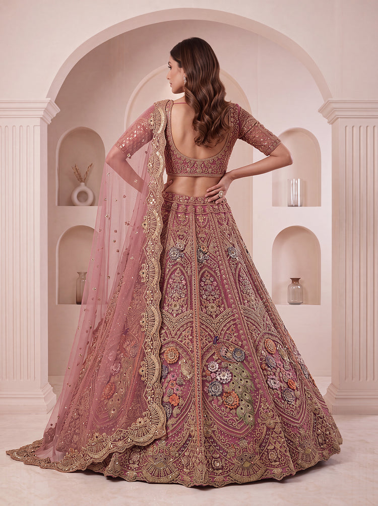 Pink Net Lehenga Choli with Peacock Embroidery, Zari and Zircon Work, photo 2
