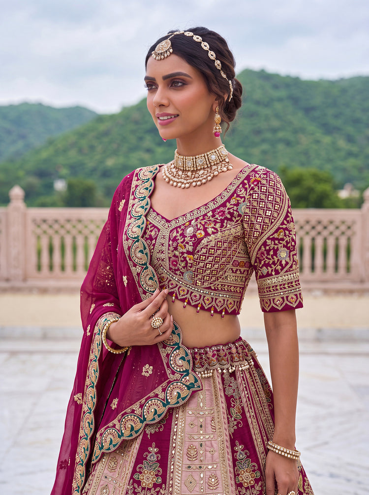 Royal Rani Pink Banarasi and Satin Silk Bridal Lehenga Choli with Mirror Work, photo 5
