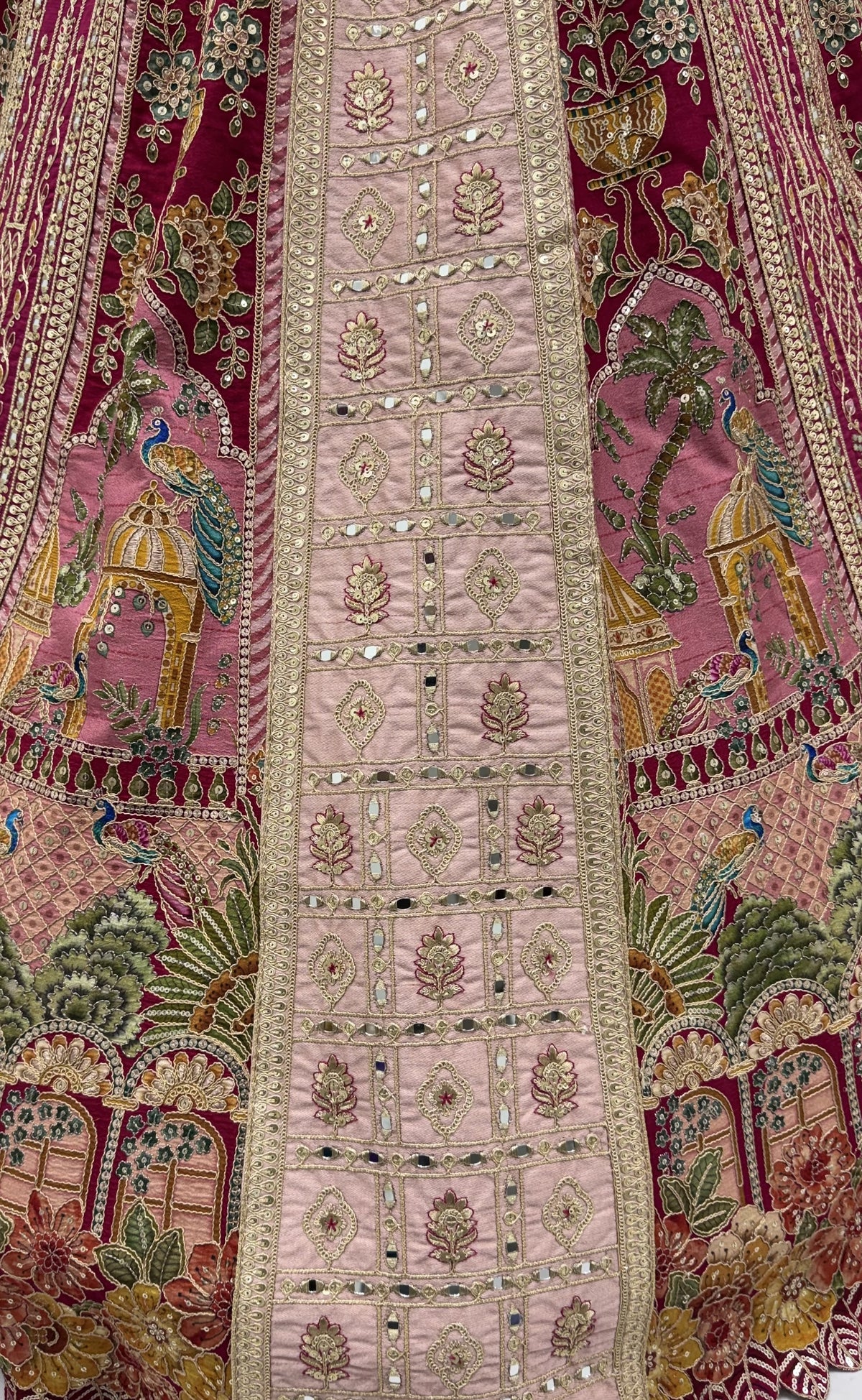 Royal Rani Pink Banarasi and Satin Silk Bridal Lehenga Choli with Mirror Work, close-up 2
