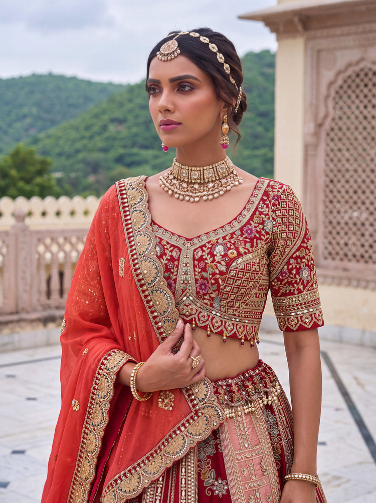 Royal Red Banarasi and Satin Silk Bridal Lehenga Choli with Mirror Work, photo 6