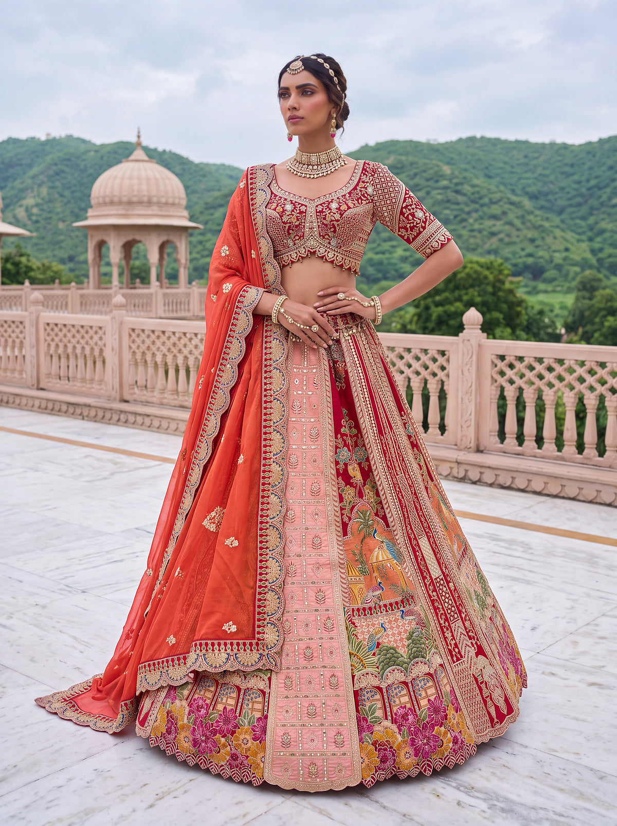 Royal Red Banarasi and Satin Silk Bridal Lehenga Choli with Mirror Work, photo 3
