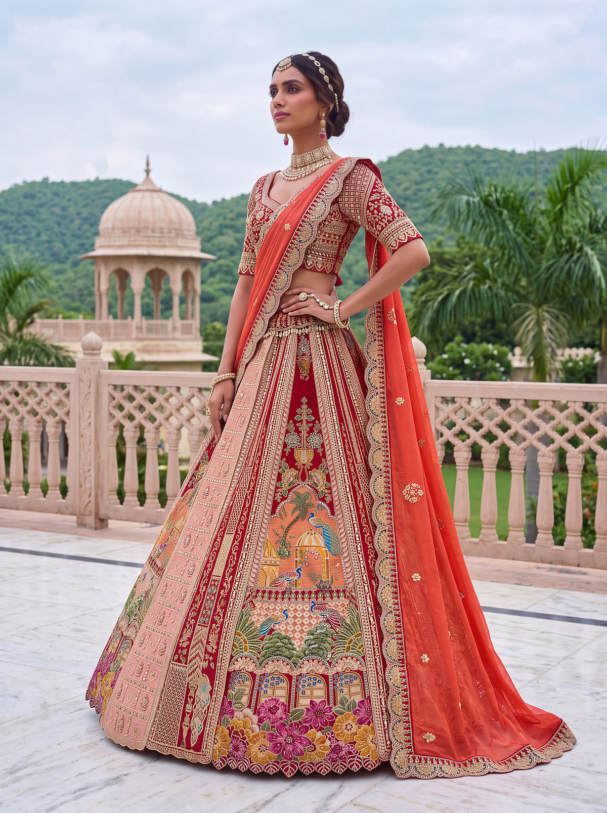Royal Red Banarasi and Satin Silk Bridal Lehenga Choli with Mirror Work, photo 4
