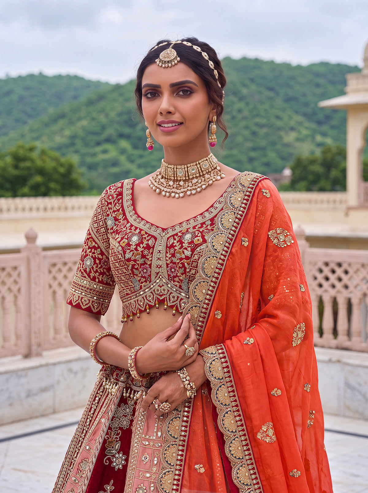 Royal Red Banarasi and Satin Silk Bridal Lehenga Choli with Mirror Work, photo 5