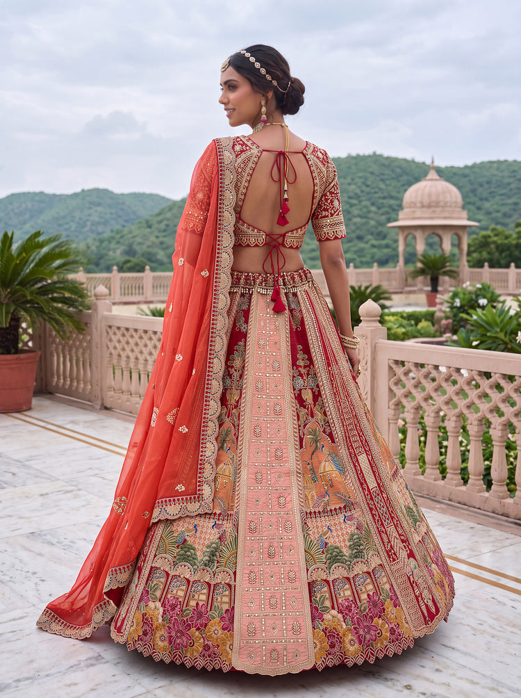 Royal Red Banarasi and Satin Silk Bridal Lehenga Choli with Mirror Work, photo 2