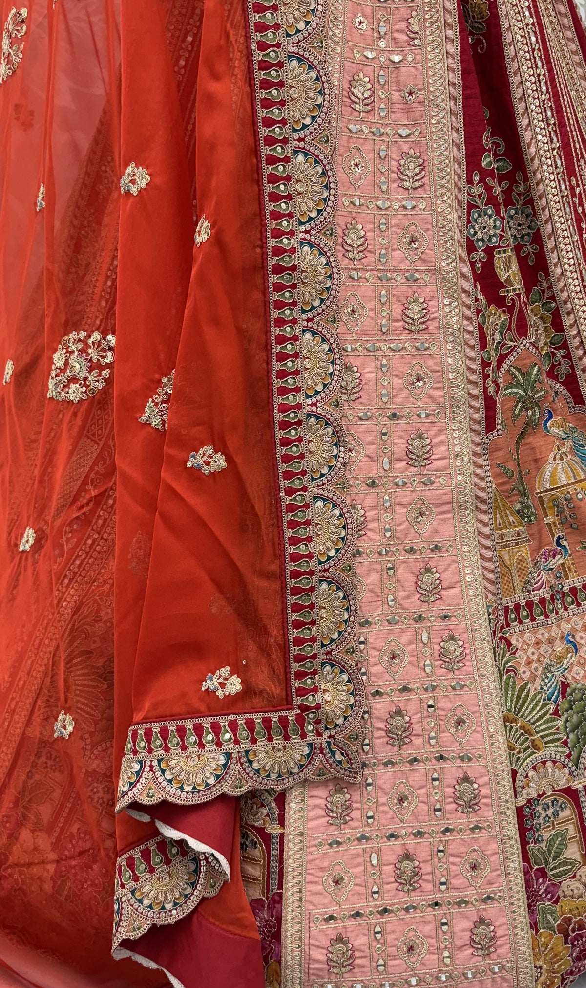 Royal Red Banarasi and Satin Silk Bridal Lehenga Choli with Mirror Work, close-up 1