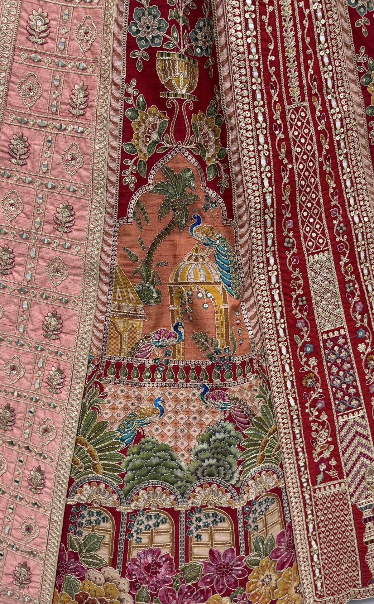 Royal Rani Pink Banarasi and Satin Silk Bridal Lehenga Choli with Mirror Work, close-up 1
