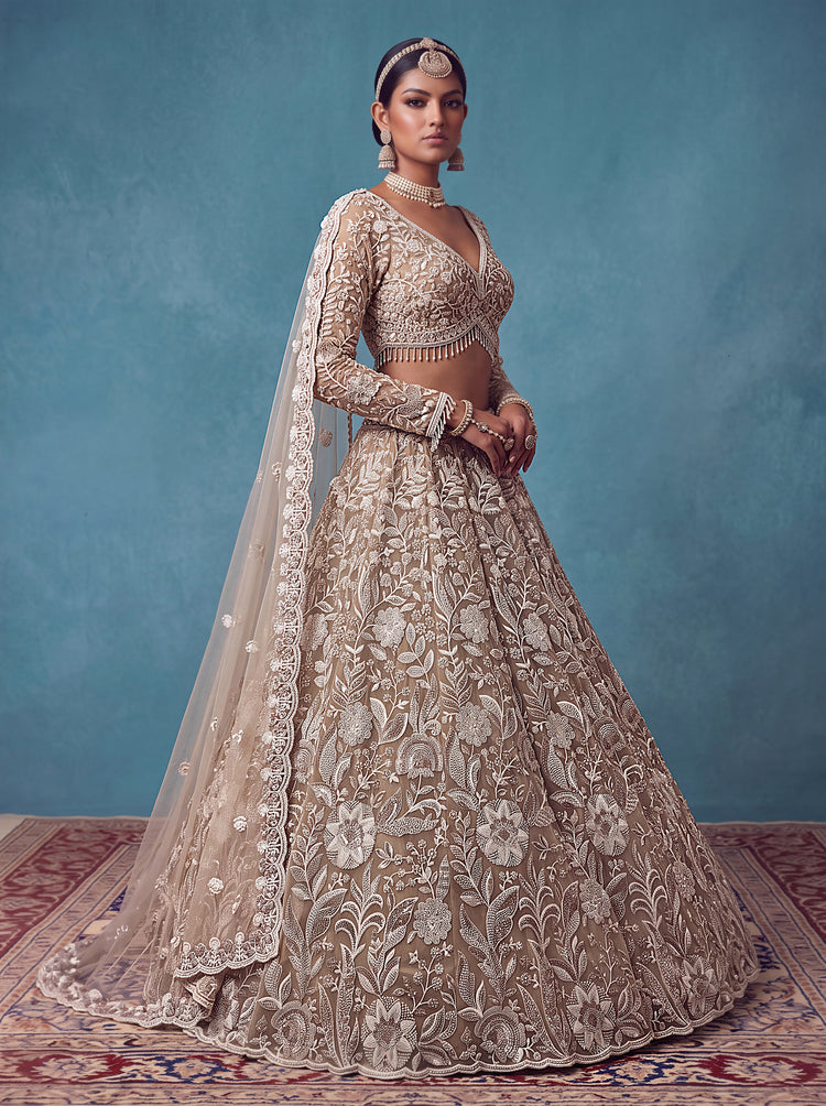 Golden Net Bridal Lehenga Choli with Floral Embroidery and Crystal Beads, photo 4