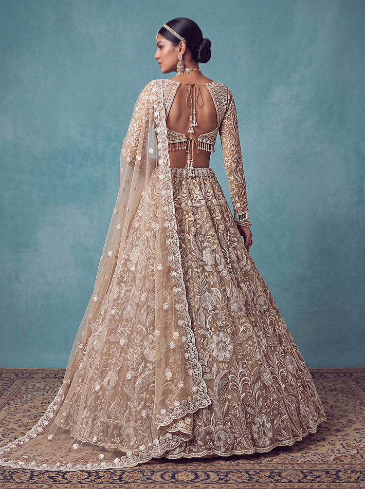 Golden Net Bridal Lehenga Choli with Floral Embroidery and Crystal Beads, photo 2