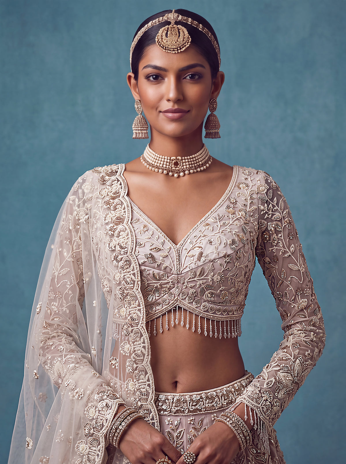 White Net Bridal Lehenga Choli with Heavy Floral Embroidery, photo 4