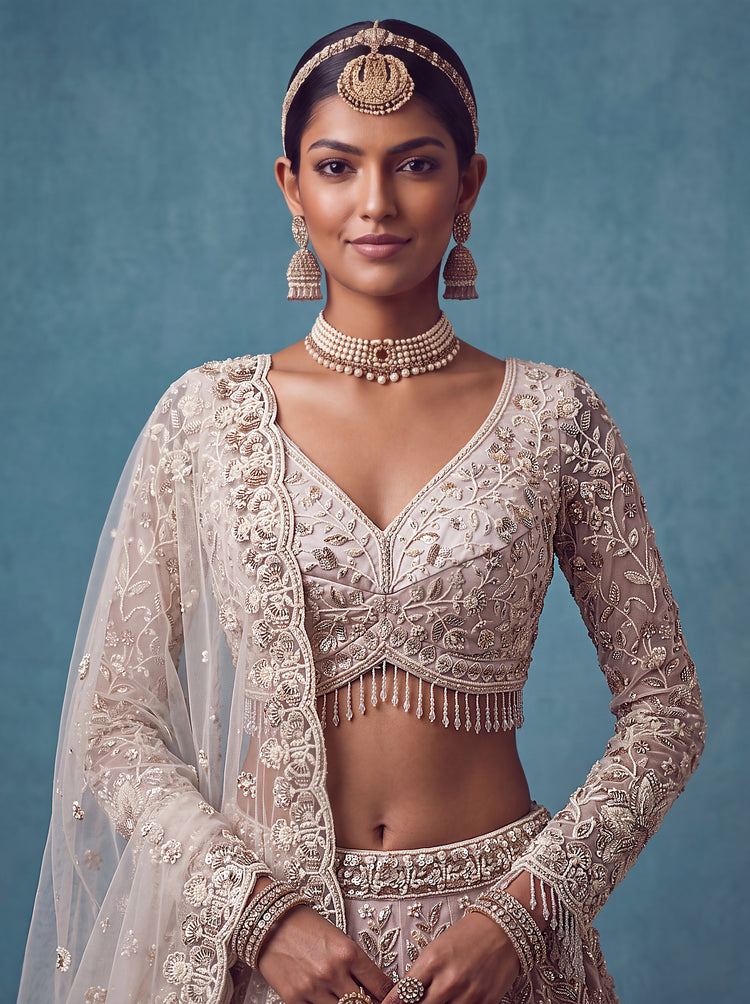 White Net Bridal Lehenga Choli with Heavy Floral Embroidery, photo 4