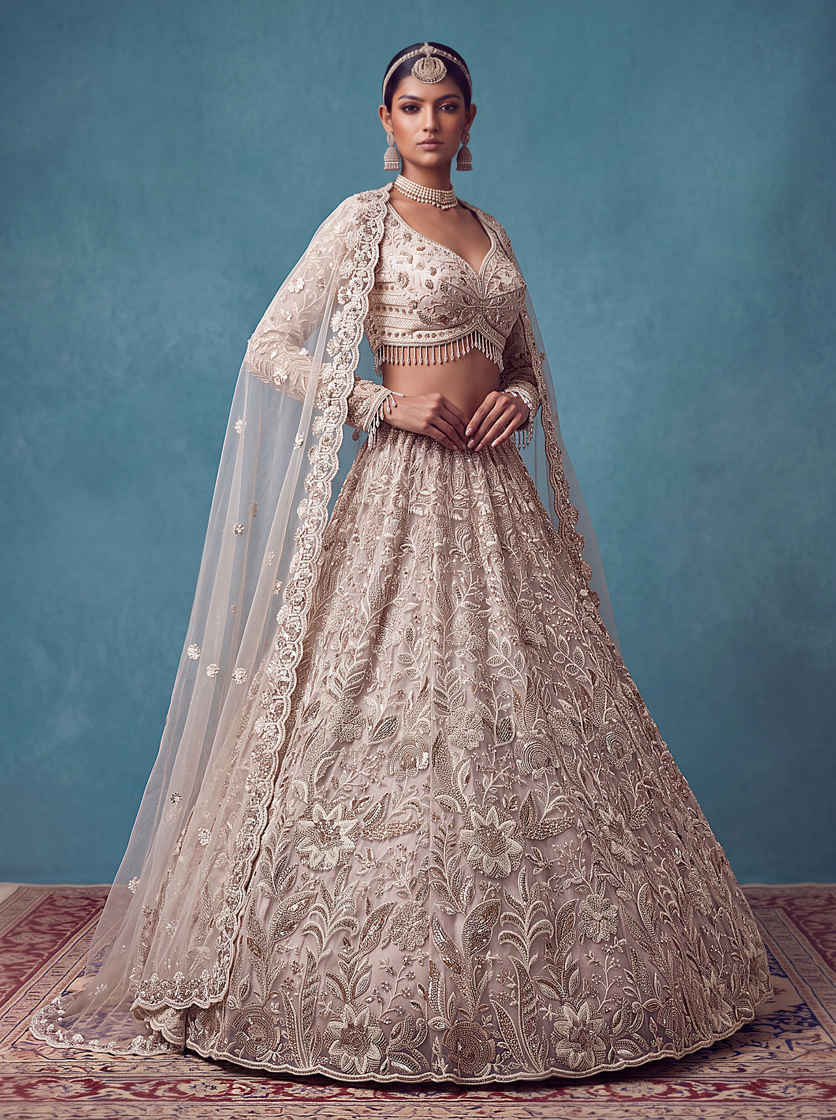 White Net Bridal Lehenga Choli with Heavy Floral Embroidery, photo 2