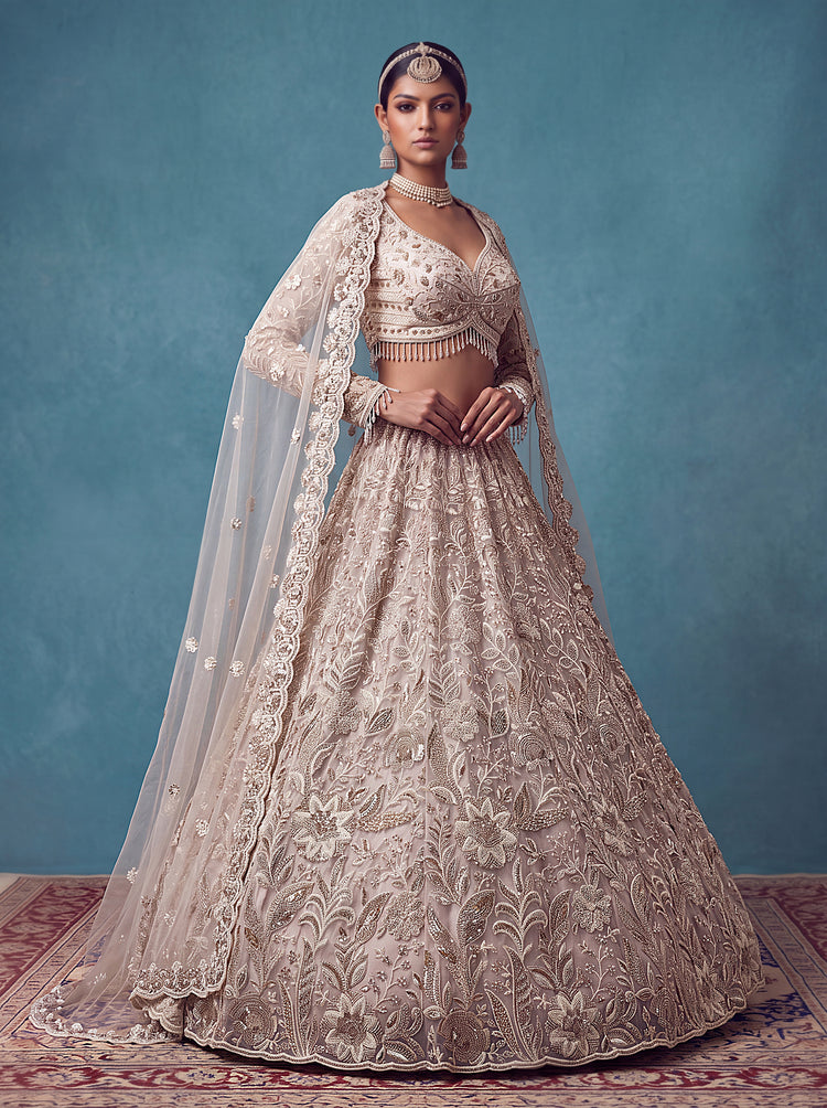 White Net Bridal Lehenga Choli with Heavy Floral Embroidery, photo 2