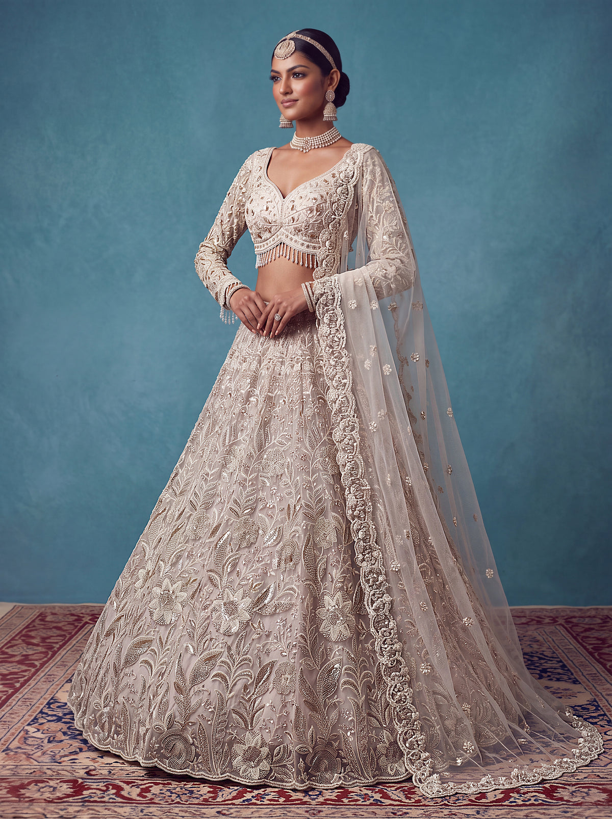White Net Bridal Lehenga Choli with Heavy Floral Embroidery, photo 3